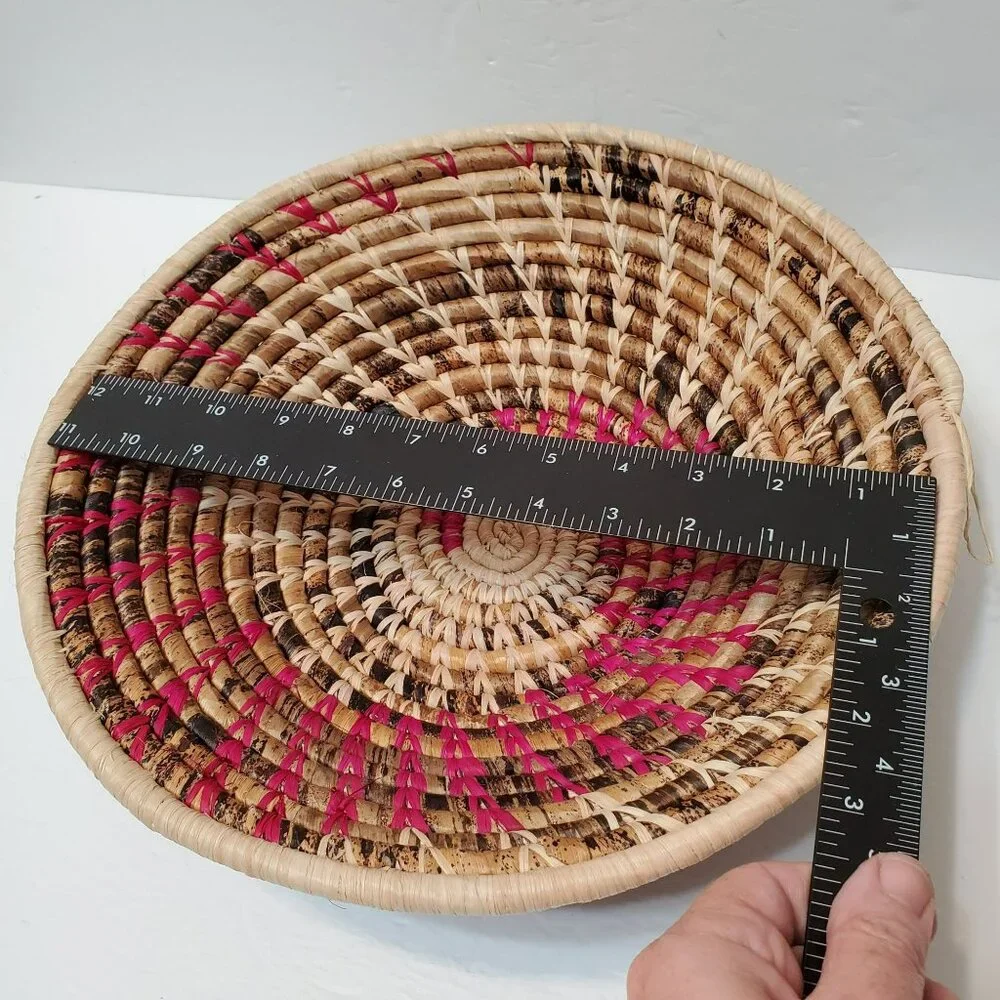 Handwoven Natural Straw Basket with Magenta & Black Accents, 13